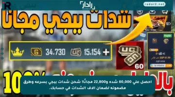احصل على 60,000 شدة و22,800 مجانًا! شحن شدات ببجي بسرعة وطرق مضمونة لضمان آلاف الشدات في حسابك.